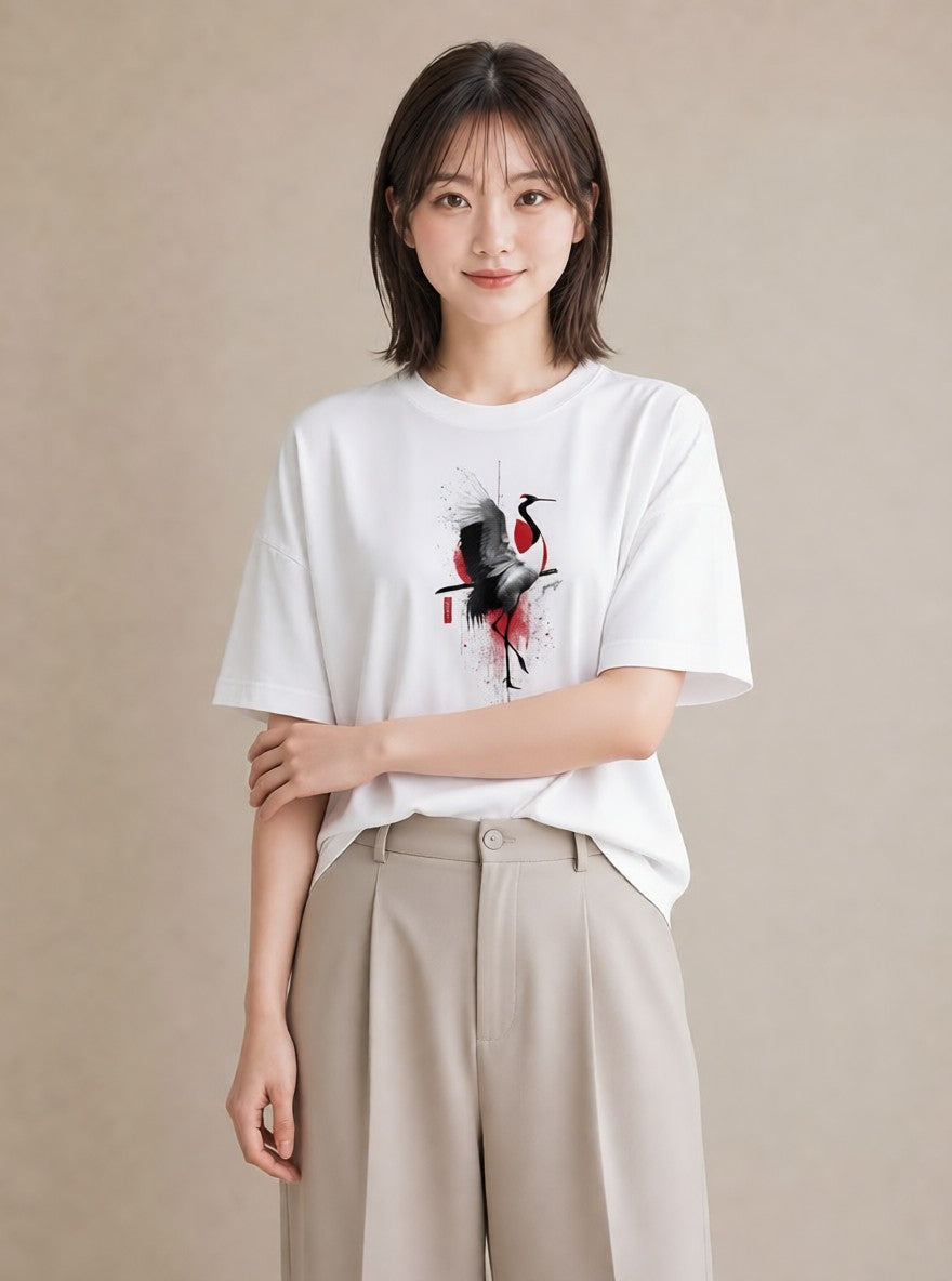 プリントTシャツ レディース 折り鶴 折り紙 ナチュラル アンティーク イラスト シンプル 帰省 ラフ 白T YMAZO