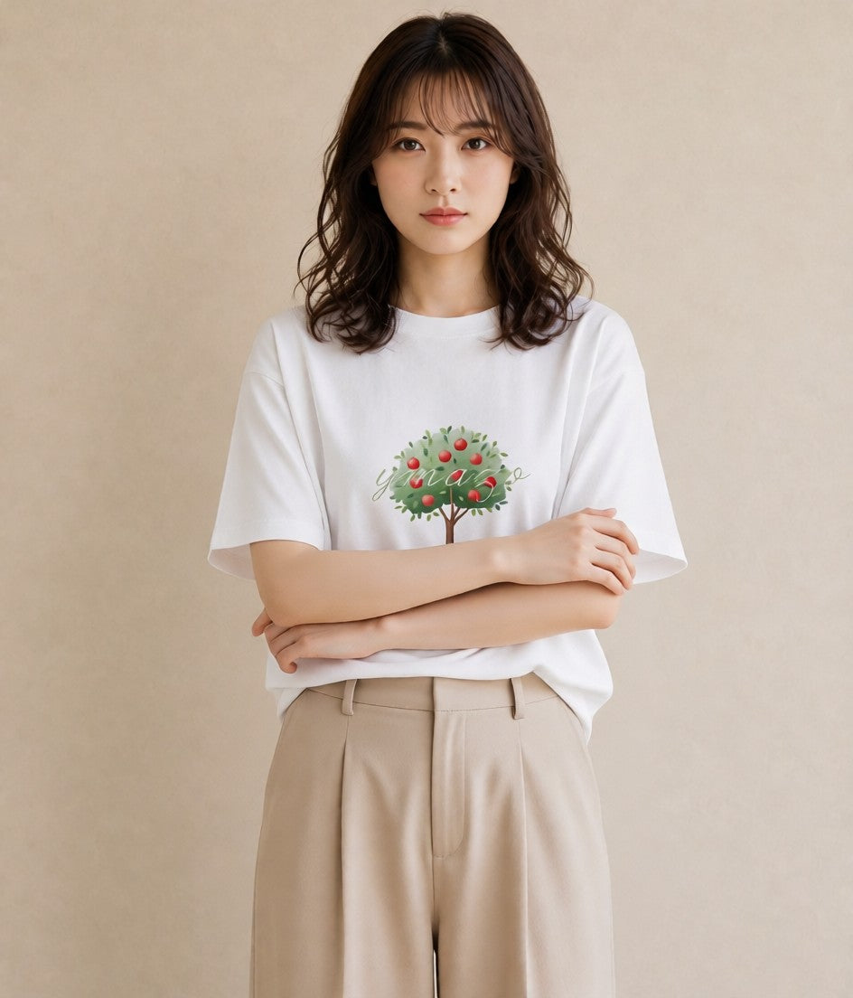 グラフィックTシャツ レディース 木 植物 ボタニカル イラスト カフェ服 クリスマス 白T YMAZO