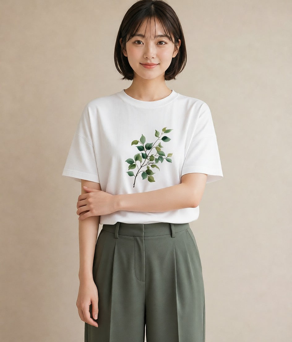 半袖Tシャツ レディース 新緑 植物 ボタニカル イラスト 休日コーデ 通学 誕生日プレゼント 白T YMAZO