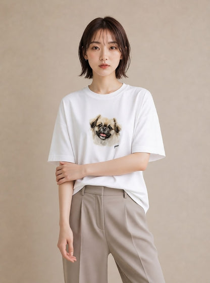 デザインTシャツ レディース 狆 犬 いぬ イラスト ヴィンテージ風 海 カフェ巡り 白T YMAZO