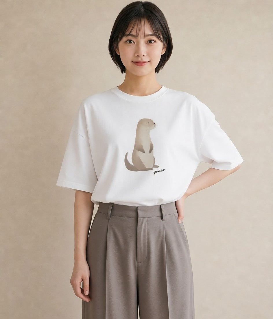 グラフィックTシャツ レディース フェレット ペット 動物 イラスト 線画 カジュアルコーデ 買い物 白T YMAZO