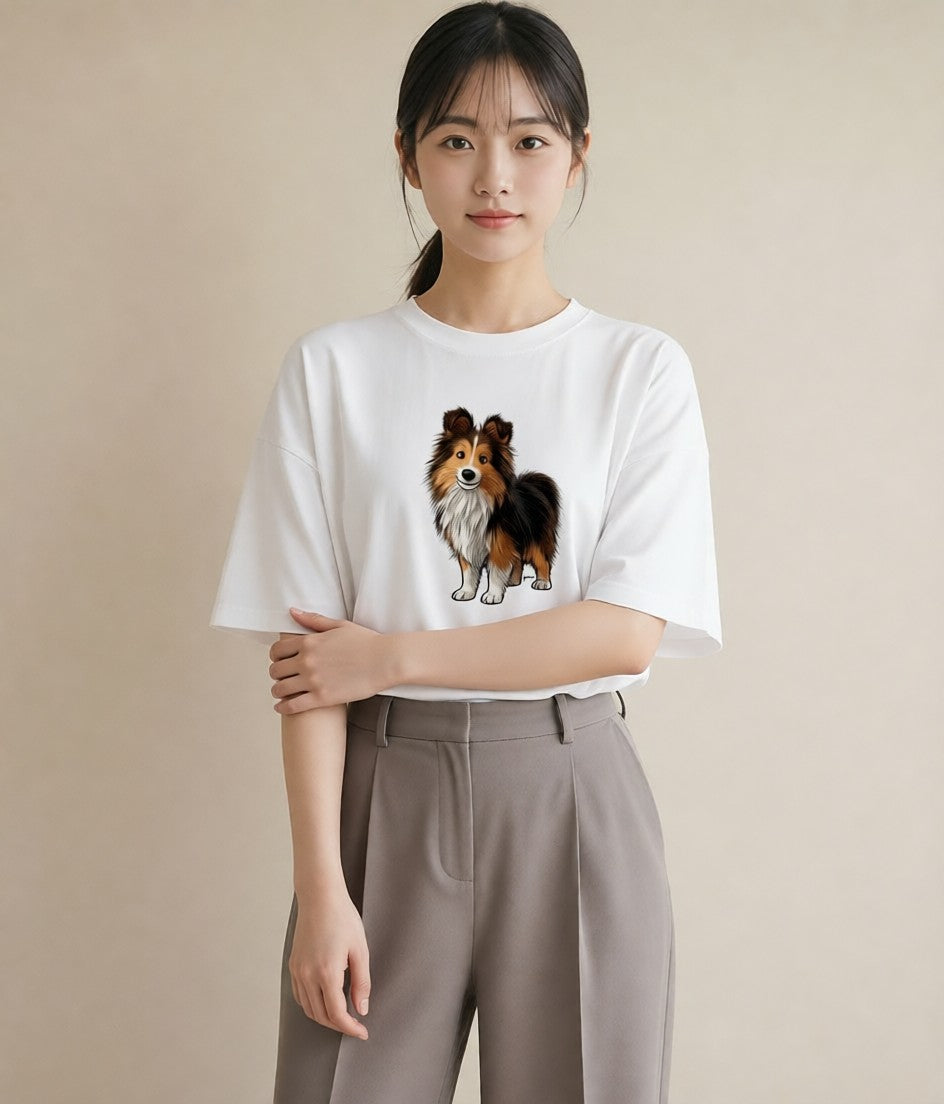 Tシャツ レディース シェットランドシープドッグ 犬 いぬ イラスト 可愛い 公園 ママ 白T YMAZO
