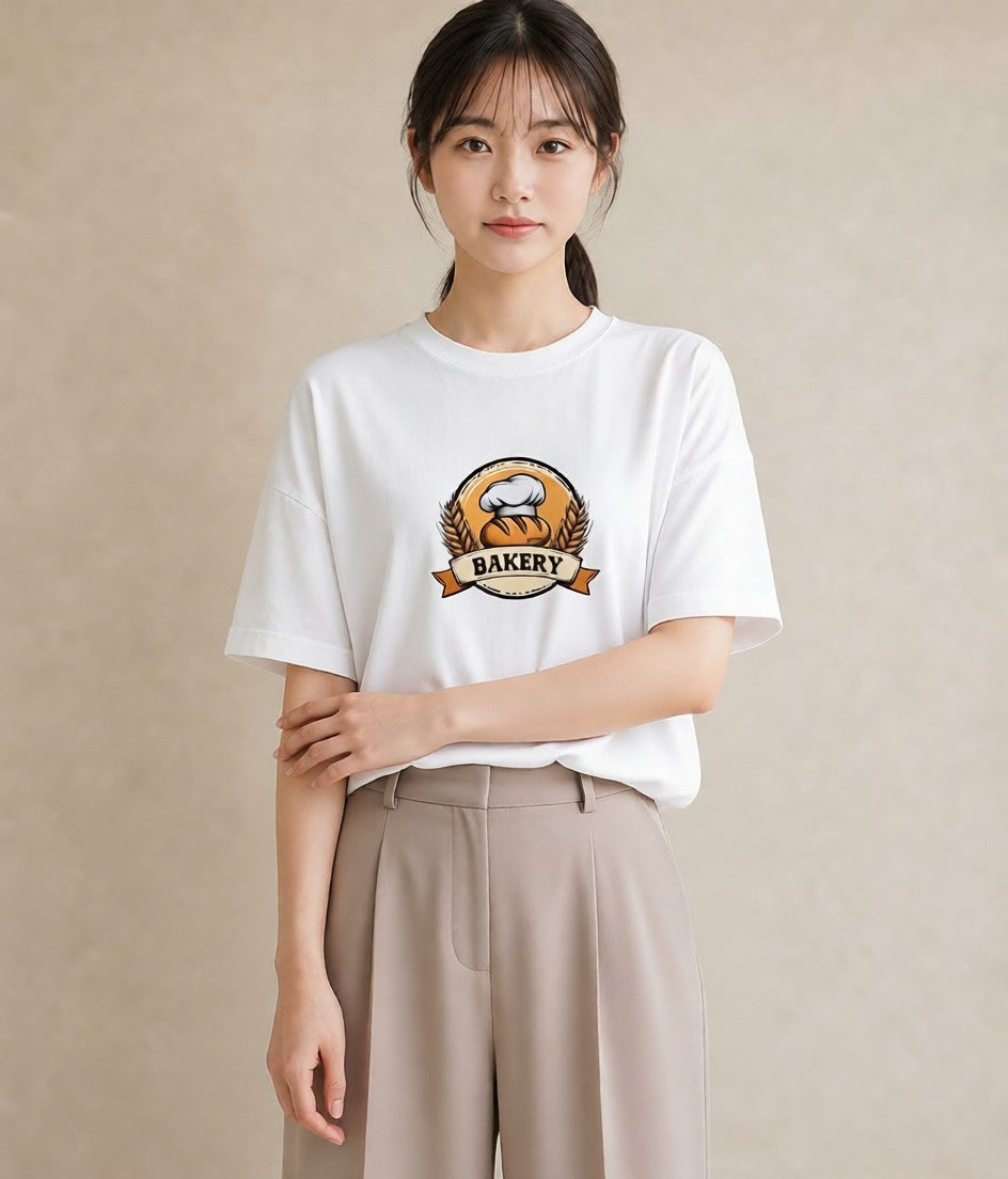 Tシャツ レディース パン ベーカリー イラスト ヴィンテージ風 買い物 夏コーデ 白T YMAZO