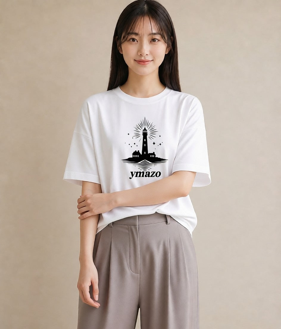 プリントTシャツ レディース 灯台 霧 海 ナチュラル アンティーク イラスト 上品 在宅 公園 白T YMAZO