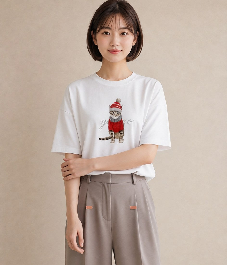 半袖Tシャツ レディース アメリカンショートヘア 猫 ねこ イラスト きれいめカジュアル 女性 旅行用 白T YMAZO