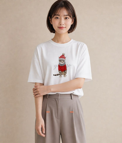 半袖Tシャツ レディース アメリカンショートヘア 猫 ねこ イラスト きれいめカジュアル 女性 旅行用 白T YMAZO