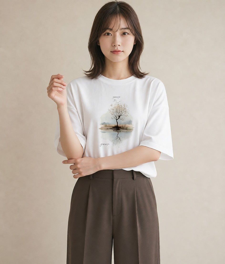 デザインTシャツ レディース 青の水彩 風景 ブルー ナチュラル アンティーク イラスト 線画 クリスマス 旅行 白T YMAZO