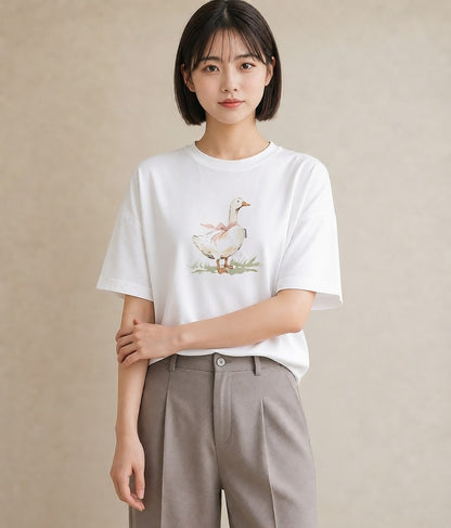 半袖Tシャツ レディース ハクチョウ 動物 アニマル イラスト ゆるコーデ 夏コーデ 通学 白T YMAZO