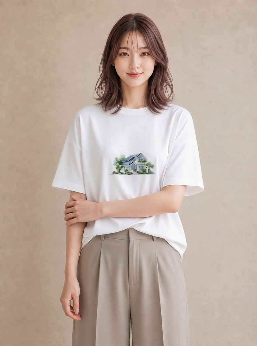 半袖Tシャツ レディース 遠い家と鳥 風景 鳥 ナチュラル アンティーク イラスト きれいめ 旅行 母娘コーデ 白T YMAZO