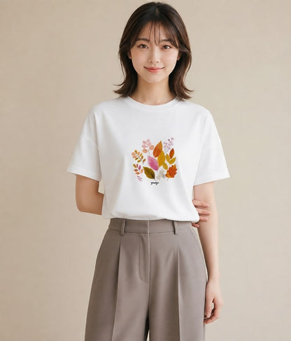 プリントTシャツ レディース 落ち葉 植物 ボタニカル イラスト ヴィンテージ風 デイリーウェア 休日 白T YMAZO