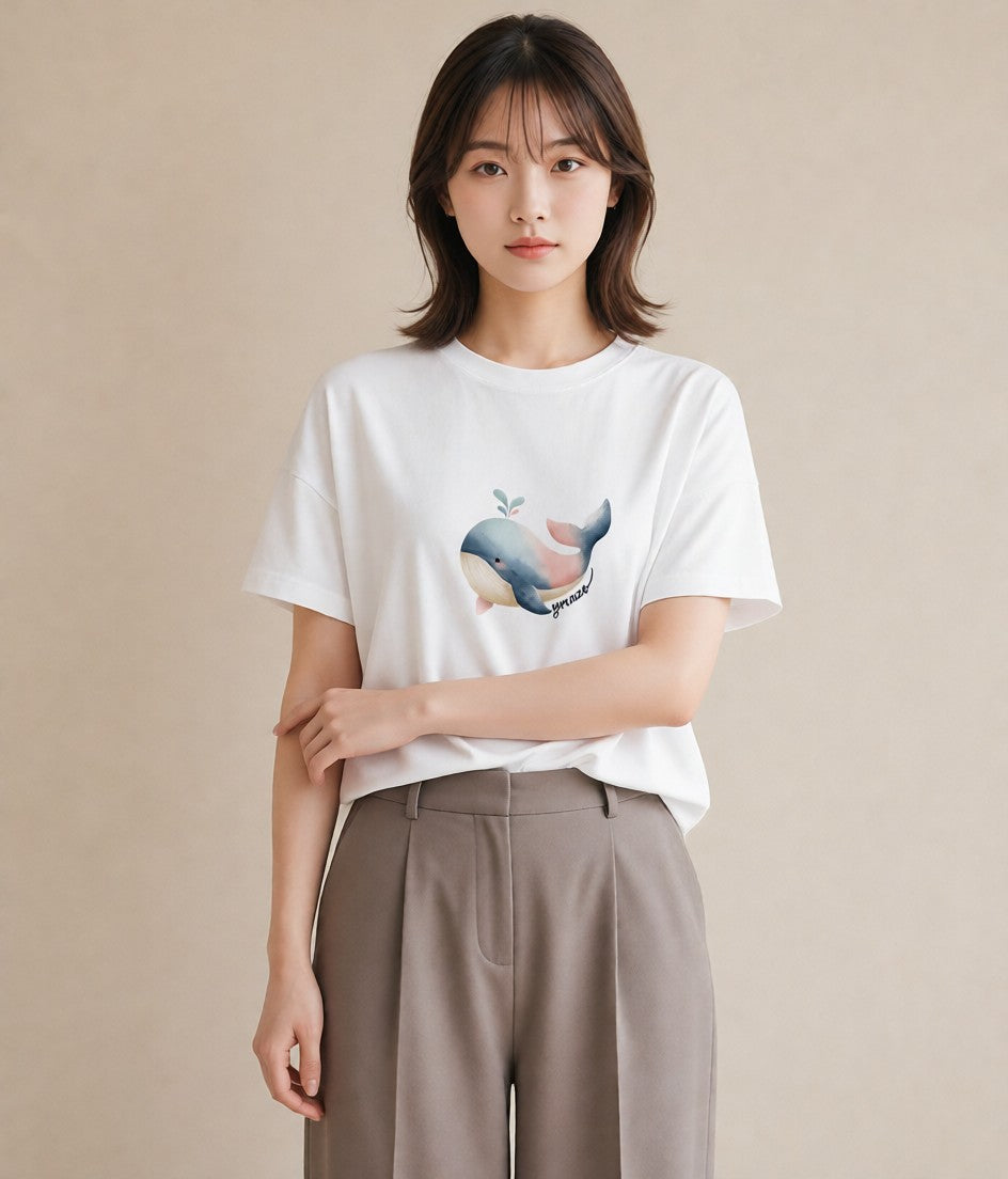 Tシャツ レディース イルカ 海の生き物 海 イラスト 抜け感 送別ギフト 通勤 白T YMAZO