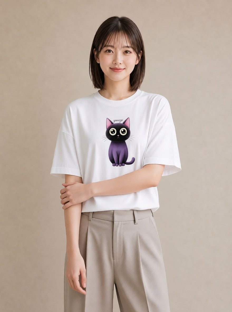半袖Tシャツ レディース ニャンコ 猫 ねこ イラスト 淡色 夏コーデ 通学 白T YMAZO
