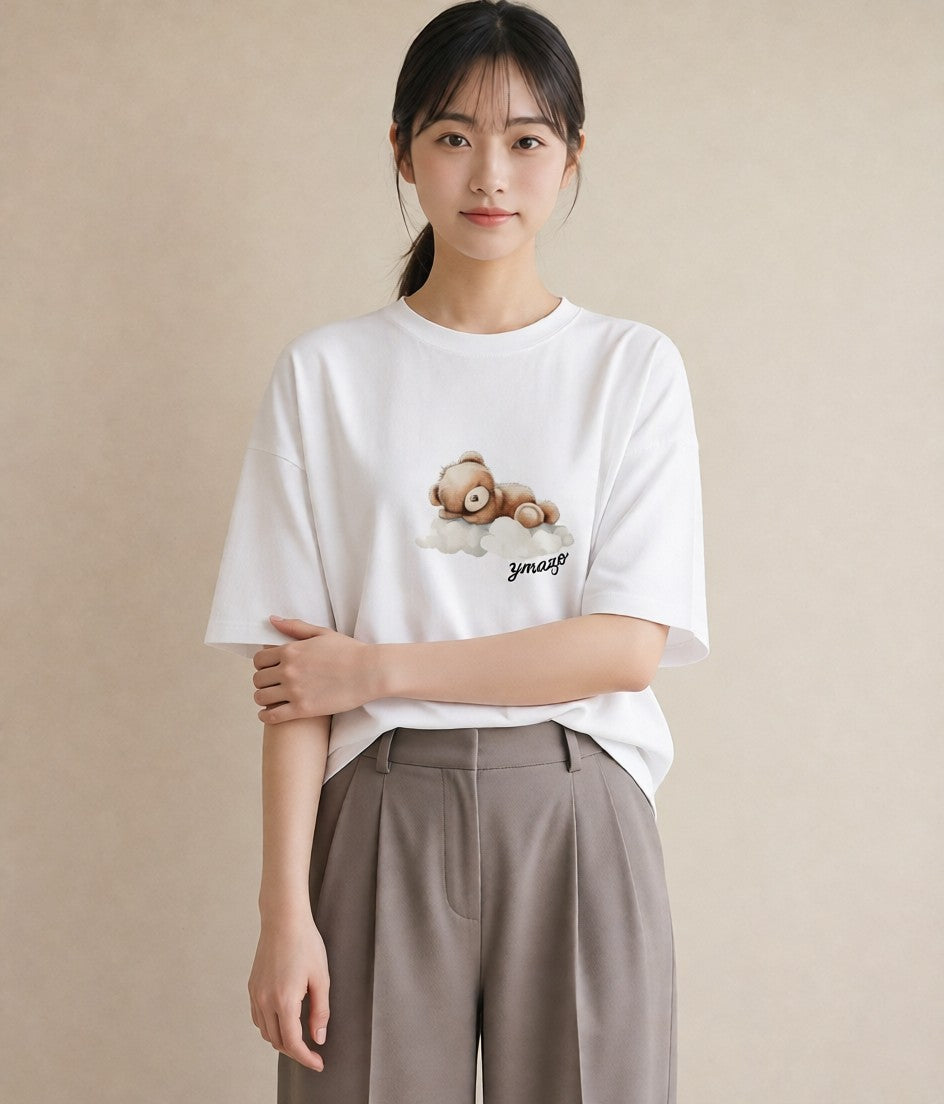 半袖Tシャツ レディース 雲 星空 宇宙 イラスト レトロ 誕生日プレゼント 綿100 白T YMAZO