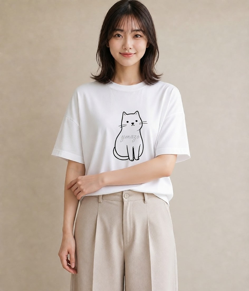 プリントTシャツ レディース 猫 ねこ ネコ イラスト 普段使い 夏コーデ 通学 白T YMAZO