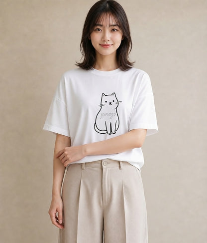 プリントTシャツ レディース 猫 ねこ ネコ イラスト 普段使い 夏コーデ 通学 白T YMAZO