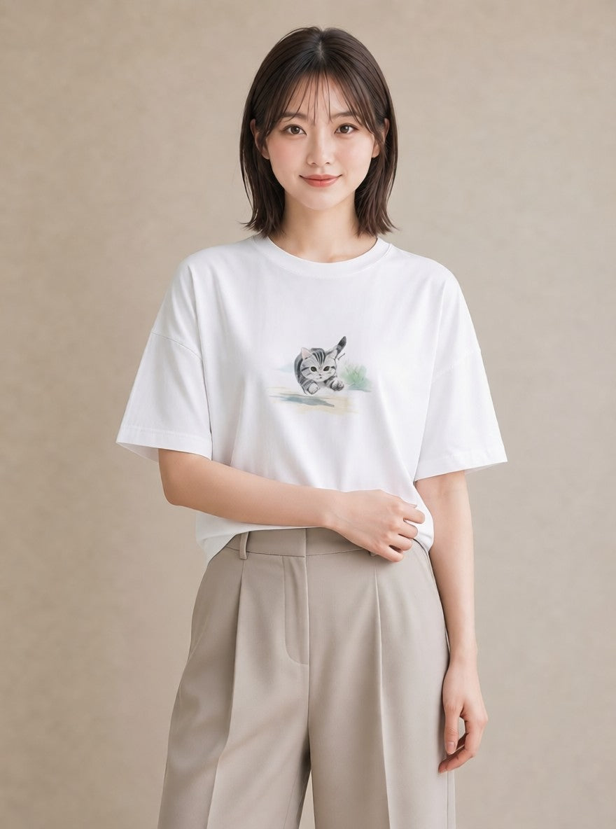 Tシャツ レディース 子猫 猫 ねこ イラスト 抜け感 散歩 お出かけ 白T YMAZO
