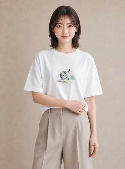 Tシャツ レディース 子猫 猫 ねこ イラスト 抜け感 散歩 お出かけ 白T YMAZO