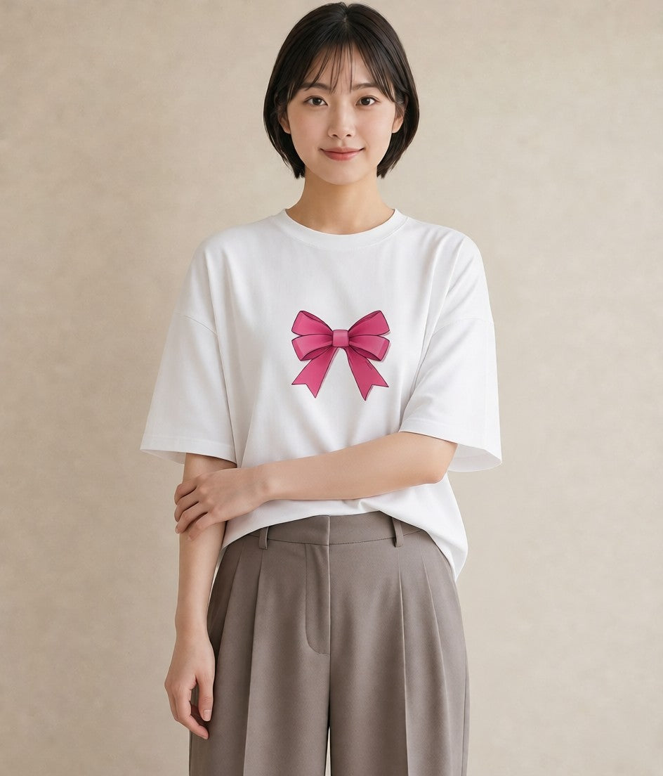 グラフィックTシャツ レディース リボン ボウ りぼん イラスト ガーリー 誕生日プレゼント 綿100 白T YMAZO
