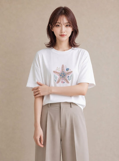 Tシャツ レディース ヒトデ 海の生き物 海 イラスト 普段使い 春服 ミセス 白T YMAZO