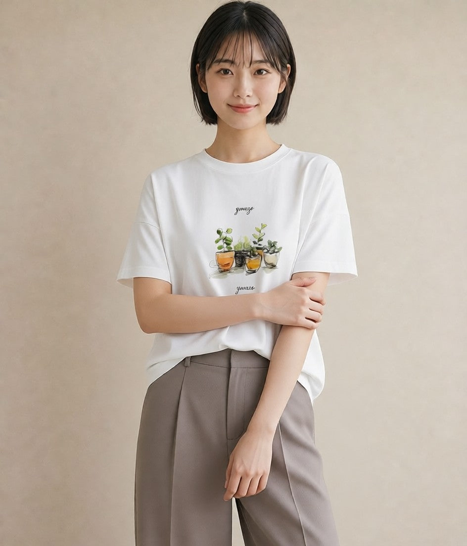 半袖Tシャツ レディース 多肉植物 植物 ボタニカル イラスト 線画 ホワイトデー 春服 白T YMAZO