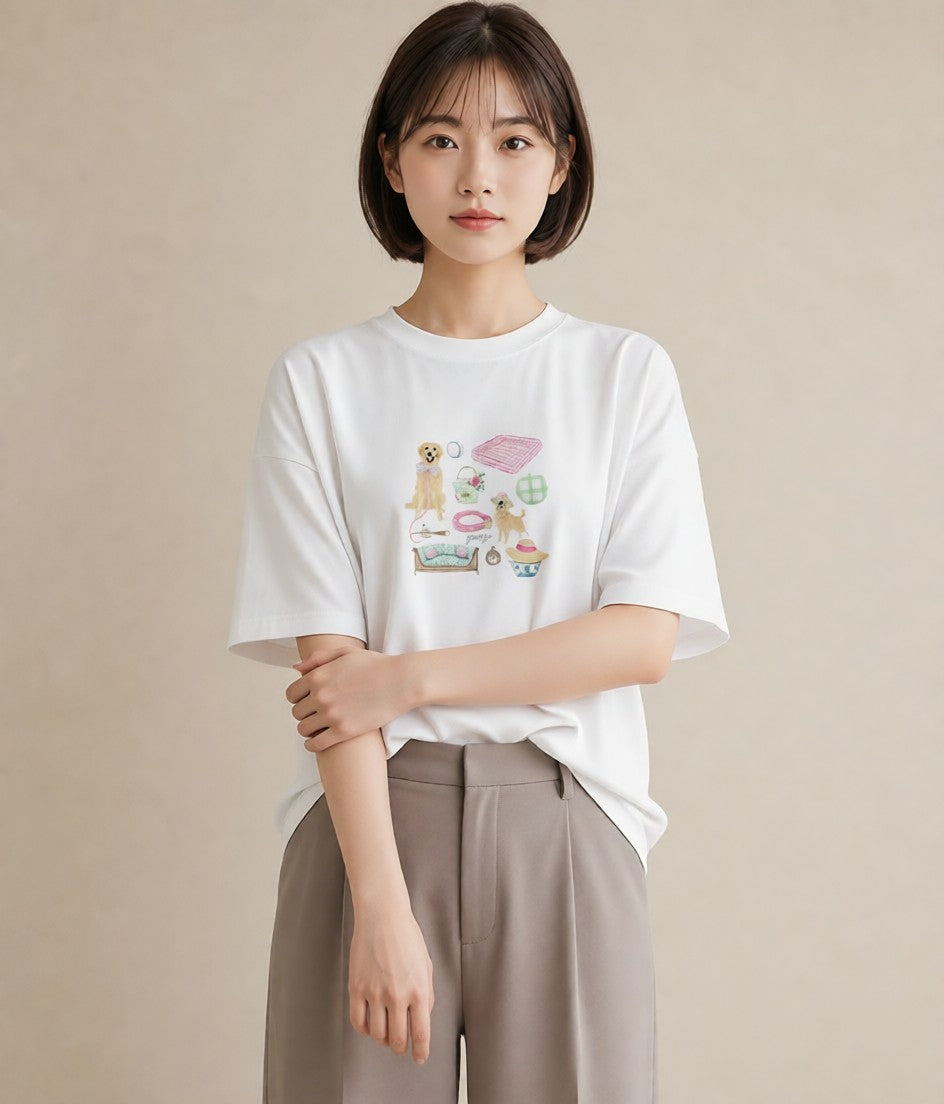 半袖Tシャツ レディース ゴールデンレトリバー ゴールデン 犬 いぬ イラスト 可愛い 母娘コーデ 自分用 白T YMAZO