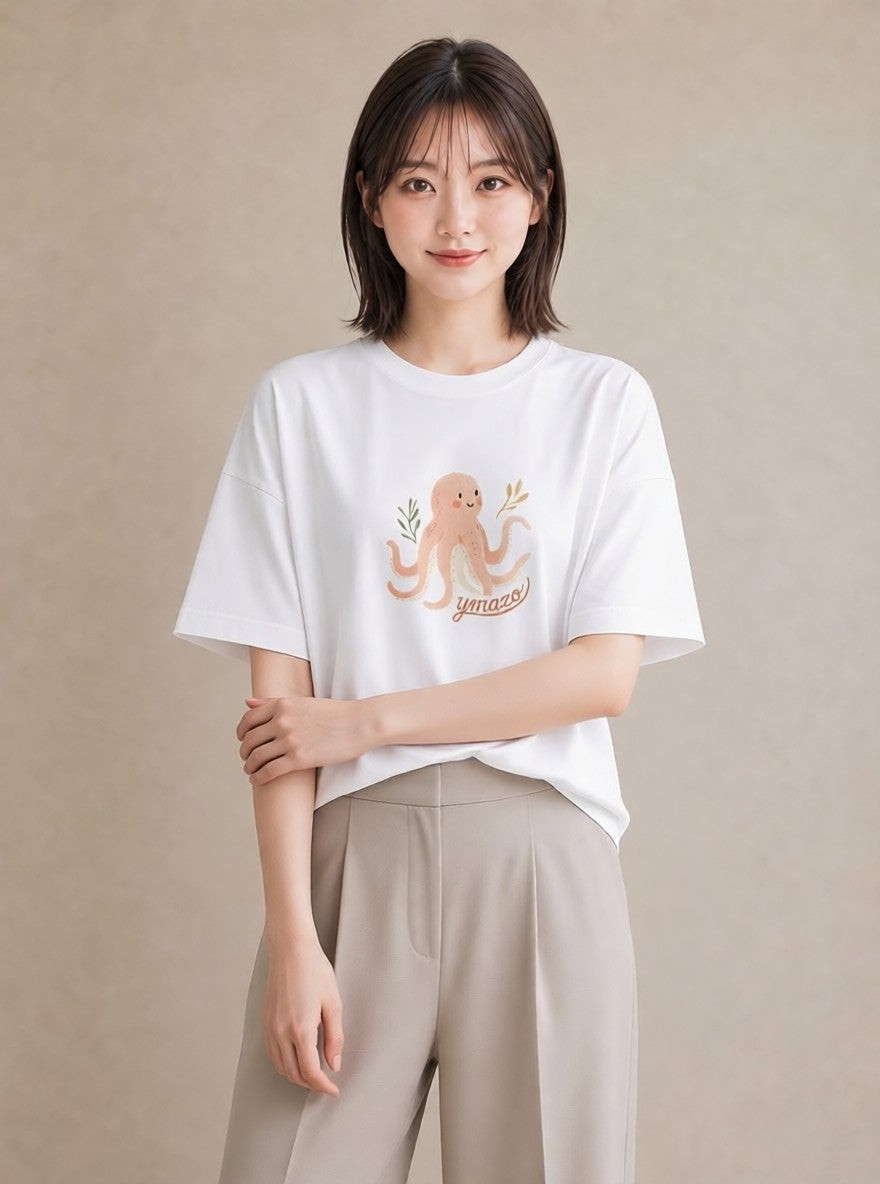 Tシャツ レディース タコ 海の生き物 海 イラスト 個性的 おしゃれギフト 社会人 白T YMAZO