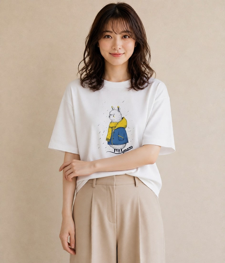 グラフィックTシャツ レディース アルパカ 動物 アニマル イラスト 部屋着 女性向けギフト 白T YMAZO