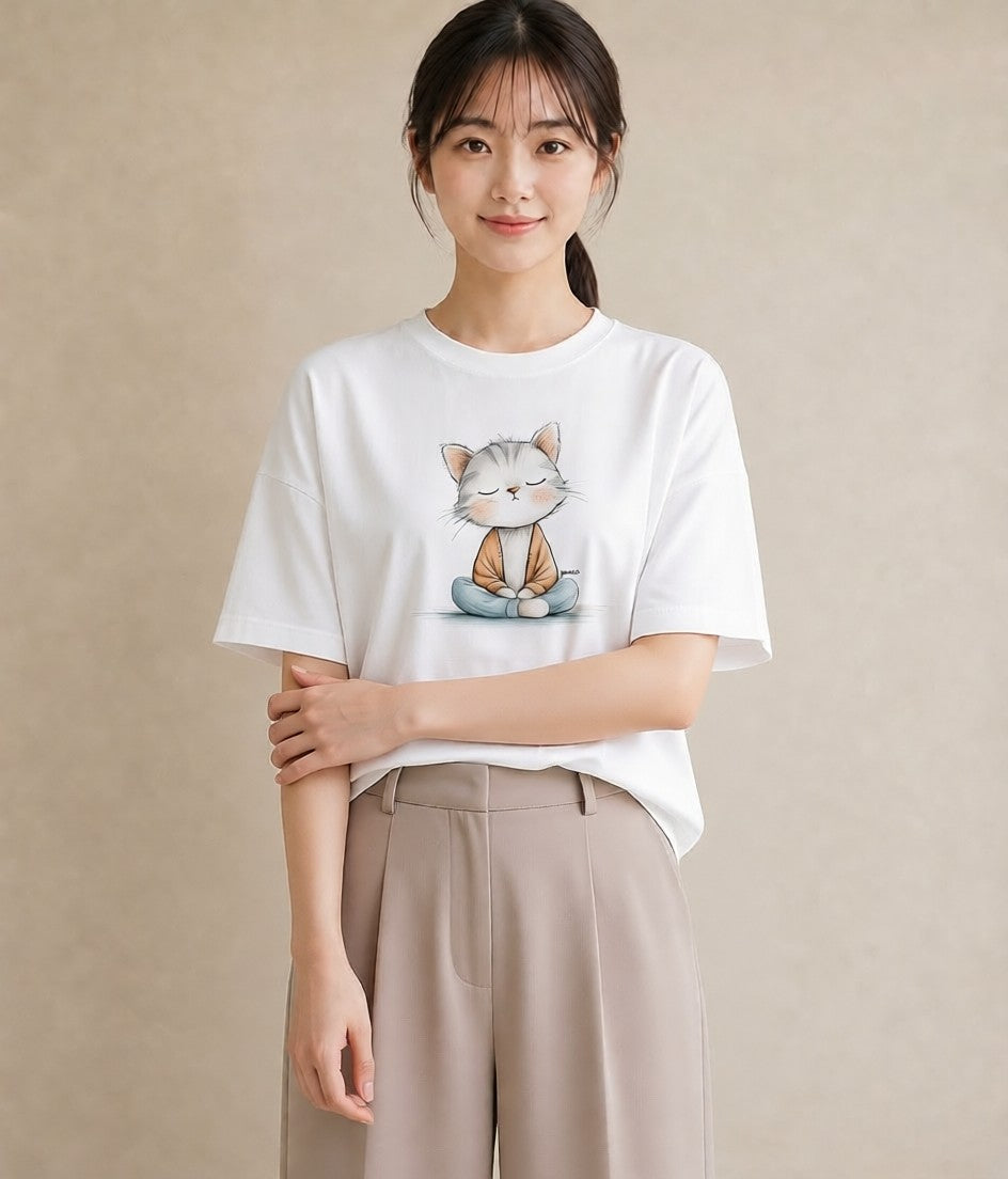 プリントTシャツ レディース おすわり猫 猫 ねこ イラスト ゆるコーデ ルームウェア ギフト 白T YMAZO