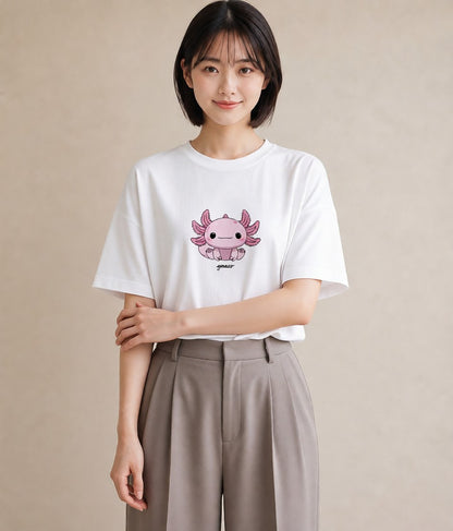プリントTシャツ レディース ウーパールーパー ペット 動物 イラスト ヴィンテージ風 散歩 お出かけ 白T YMAZO