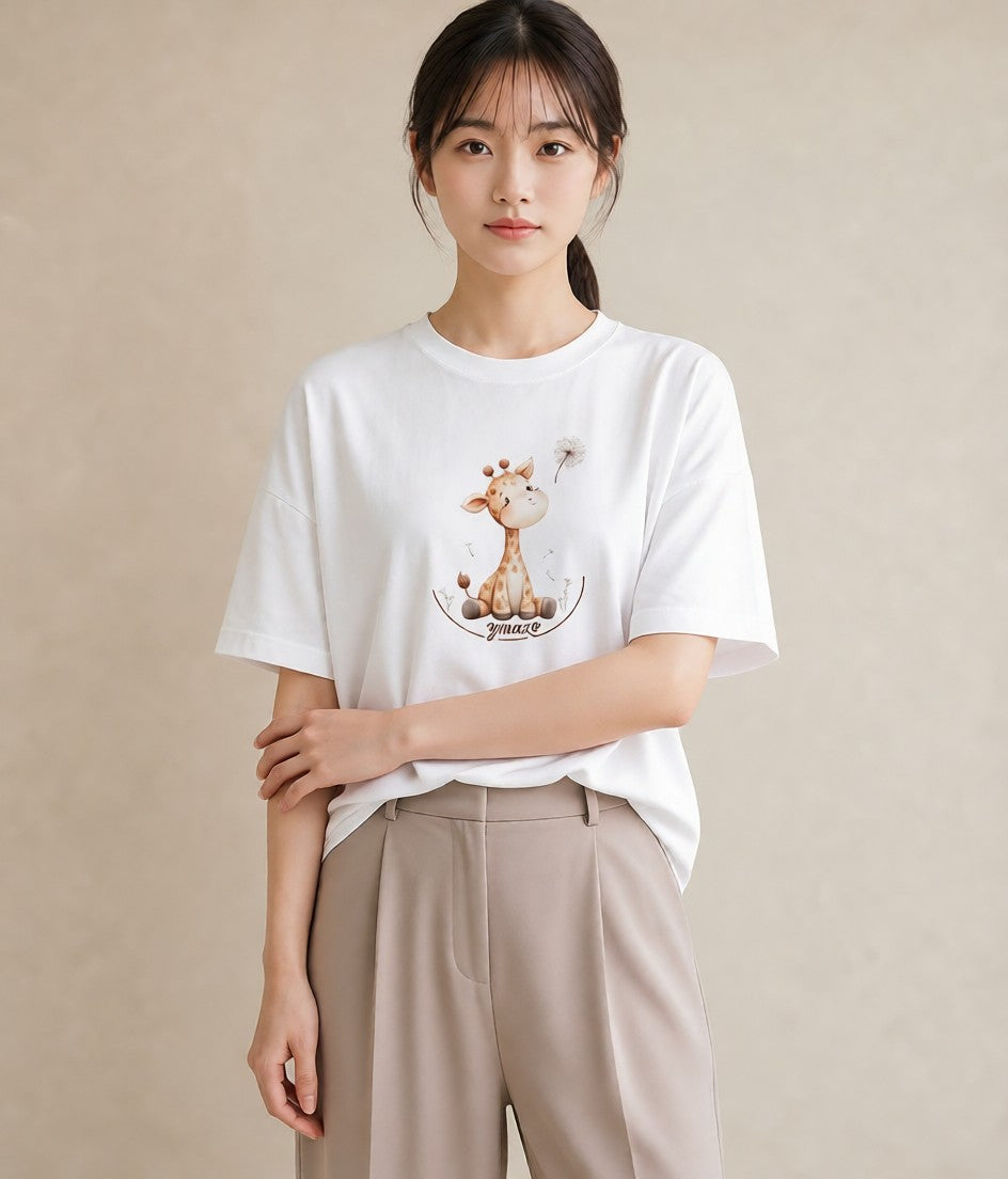 デザインTシャツ レディース きりん 動物 アニマル イラスト ヴィンテージ風 20代 カジュアルコーデ 白T YMAZO