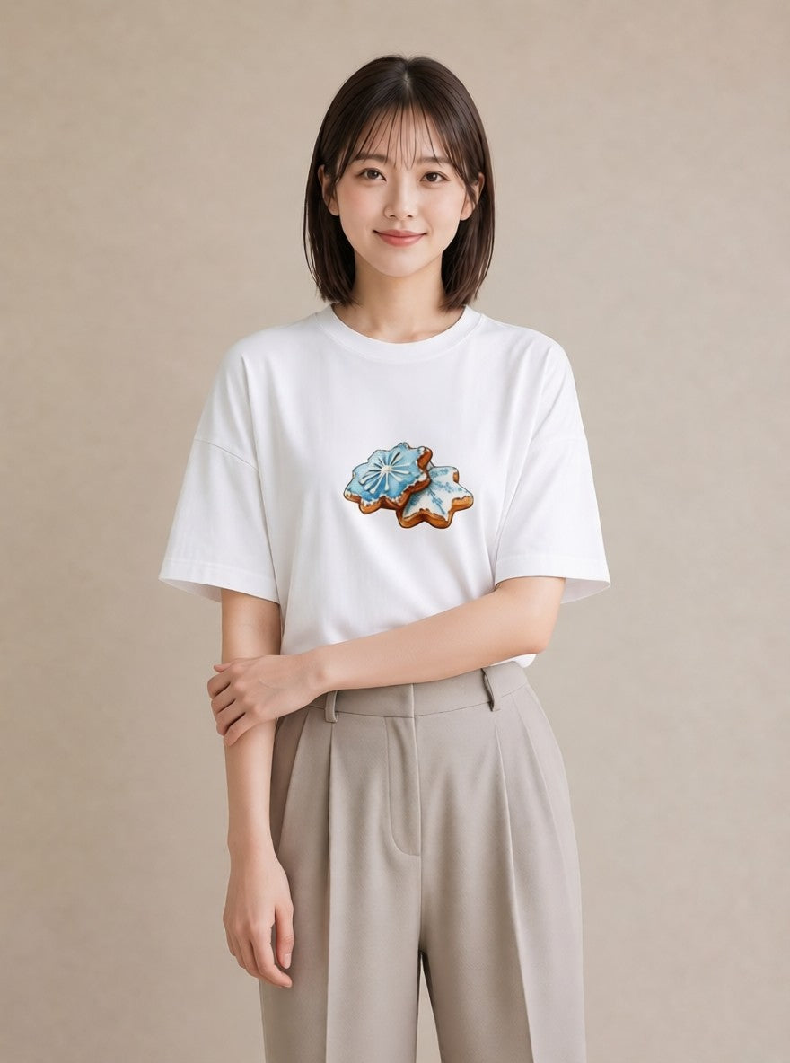 デザインTシャツ レディース 雪の結晶 星空 宇宙 イラスト きれいめカジュアル 敬老の日 ホワイトデー 白T YMAZO