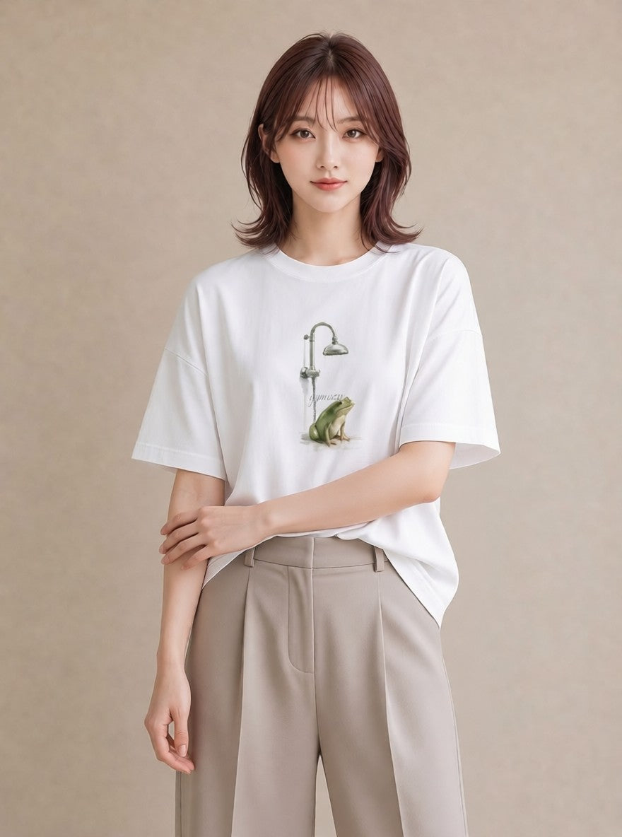 Tシャツ レディース カエル ペット 動物 イラスト ボタニカル 自分用 ルームウェア 白T YMAZO