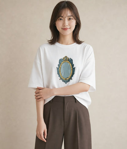 デザインTシャツ レディース 手鏡 アンティーク レトロ ナチュラル イラスト ラフ デイリーウェア 休日 白T YMAZO