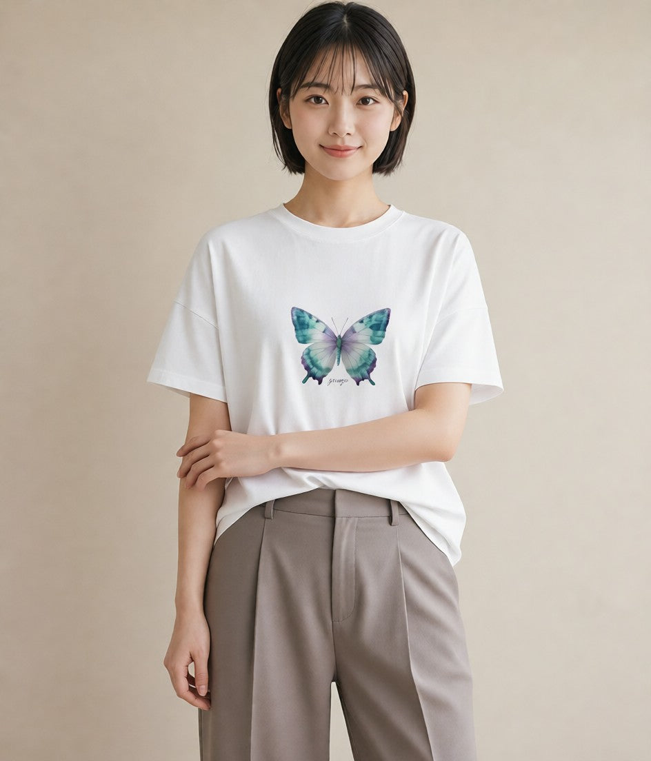 グラフィックTシャツ レディース ちょうちょ 蝶 バタフライ 昆虫 虫 イラスト 上品 部屋着 女性向けギフト 白T YMAZO