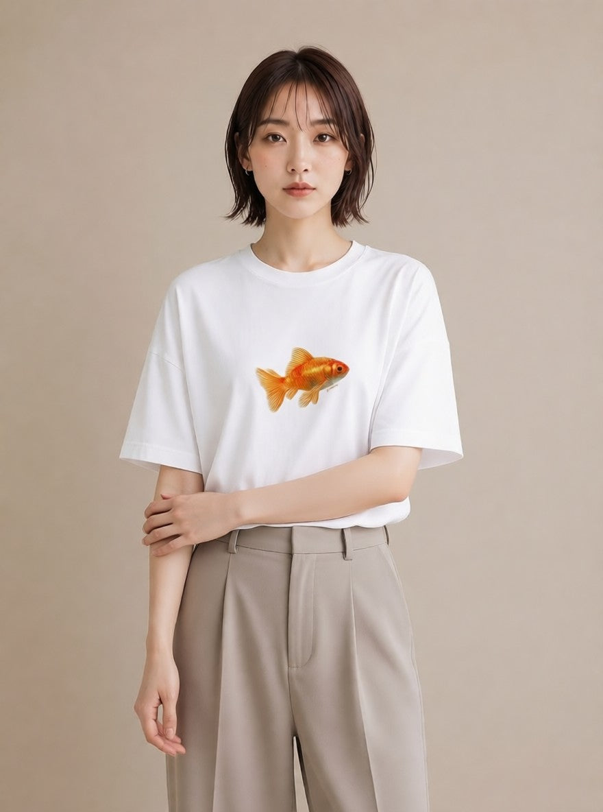 半袖Tシャツ レディース 金魚 ペット 動物 イラスト 韓国風 敬老の日 ホワイトデー 白T YMAZO