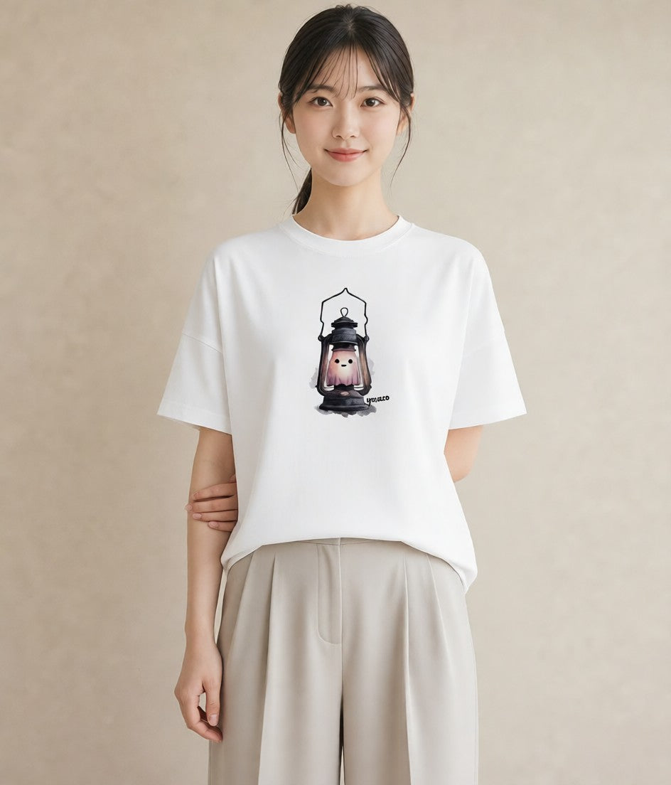 半袖Tシャツ レディース 街灯 夜霧 夜 ナチュラル アンティーク イラスト レトロ レイヤード 友達ギフト 白T YMAZO