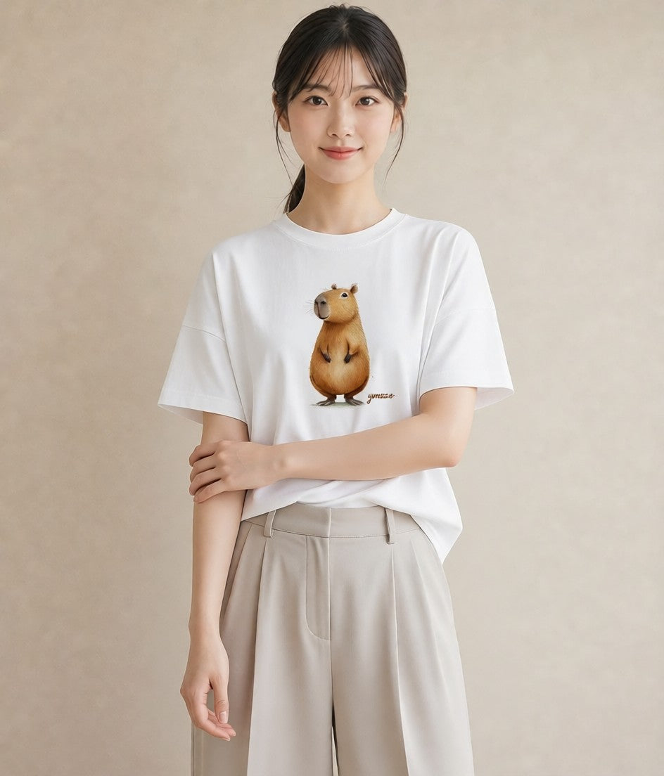 Tシャツ レディース カピバラ かぴばら 動物 アニマル イラスト 休日 ペアコーデ 白T YMAZO
