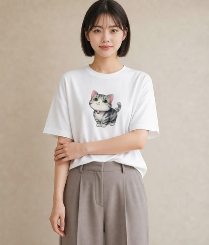 プリントTシャツ レディース マンチカン 猫 ねこ イラスト ラフカジュアル 社会人 女性 白T YMAZO