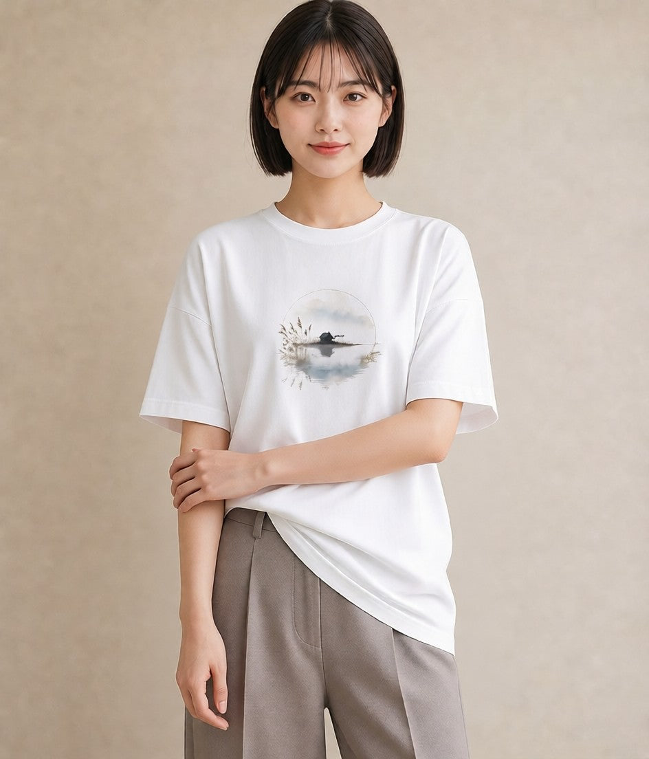 半袖Tシャツ レディース 青の水彩 風景 ブルー ナチュラル アンティーク イラスト ポップ クリスマス 旅行 白T YMAZO