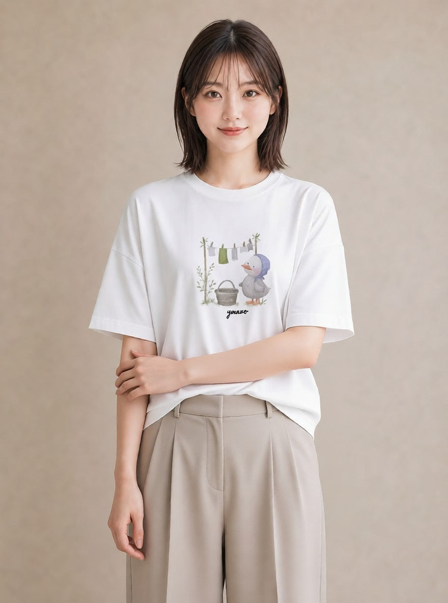 プリントTシャツ レディース 洗濯物 風 ナチュラル アンティーク イラスト 個性的 20代 カジュアルコーデ 白T YMAZO