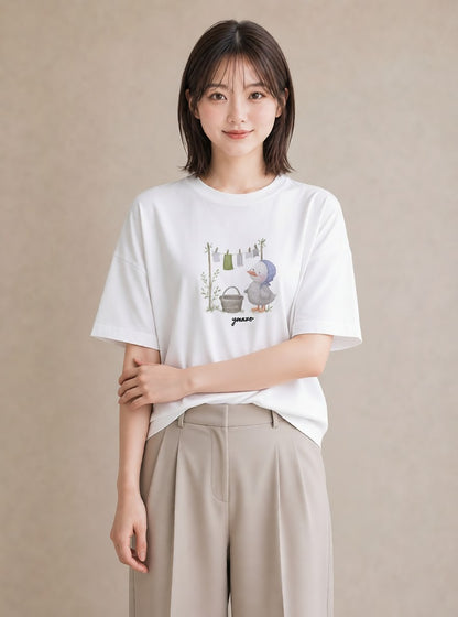 プリントTシャツ レディース 洗濯物 風 ナチュラル アンティーク イラスト 個性的 20代 カジュアルコーデ 白T YMAZO