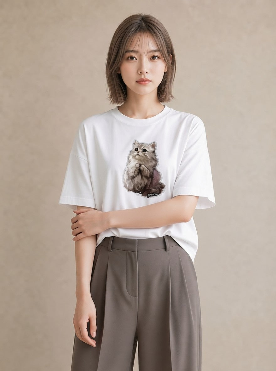 半袖Tシャツ レディース ソマリ 猫 ねこ イラスト 上品 デイリーウェア 休日 白T YMAZO