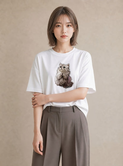 半袖Tシャツ レディース ソマリ 猫 ねこ イラスト 上品 デイリーウェア 休日 白T YMAZO