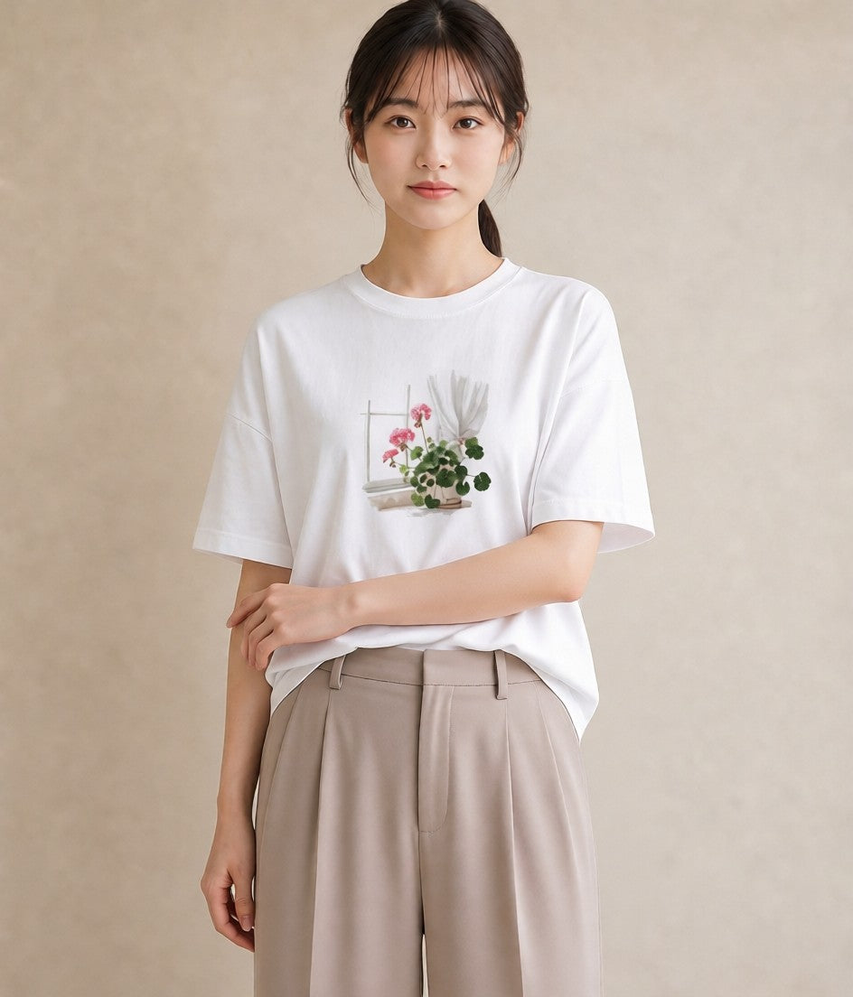 プリントTシャツ レディース 窓辺の雨 雨の日 窓 ナチュラル アンティーク イラスト 通勤 在宅 白T YMAZO