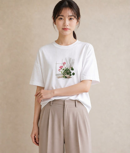 プリントTシャツ レディース 窓辺の雨 雨の日 窓 ナチュラル アンティーク イラスト 通勤 在宅 白T YMAZO