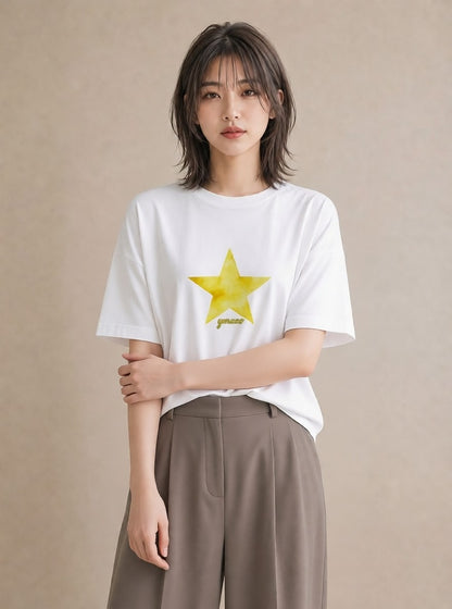 プリントTシャツ レディース 流れ星 星空 宇宙 イラスト 線画 在宅 公園 白T YMAZO