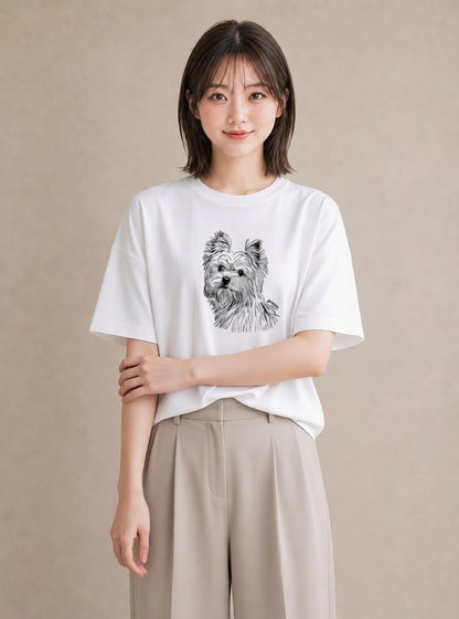 半袖Tシャツ レディース ヨークシャーテリア 犬 いぬ イラスト 旅行コーデ 女性 旅行用 白T YMAZO