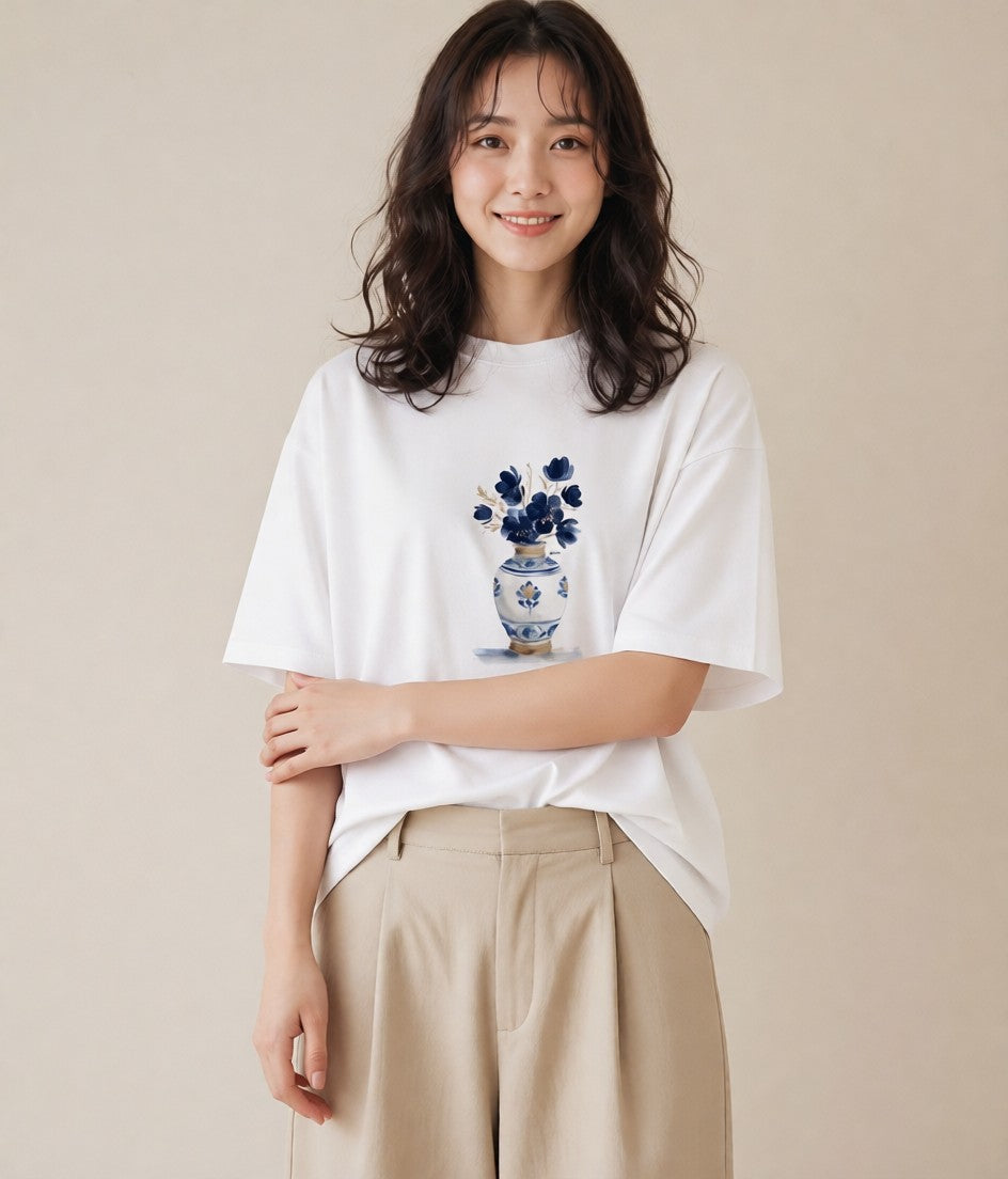 半袖Tシャツ レディース 夕暮れ バルコニー 夕焼け ナチュラル アンティーク イラスト デイリーウェア 休日 白T YMAZO