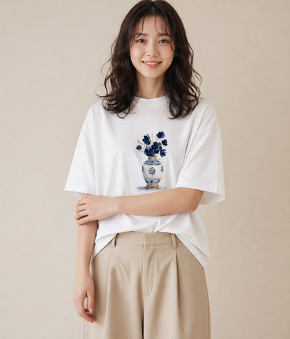 半袖Tシャツ レディース 夕暮れ バルコニー 夕焼け ナチュラル アンティーク イラスト デイリーウェア 休日 白T YMAZO