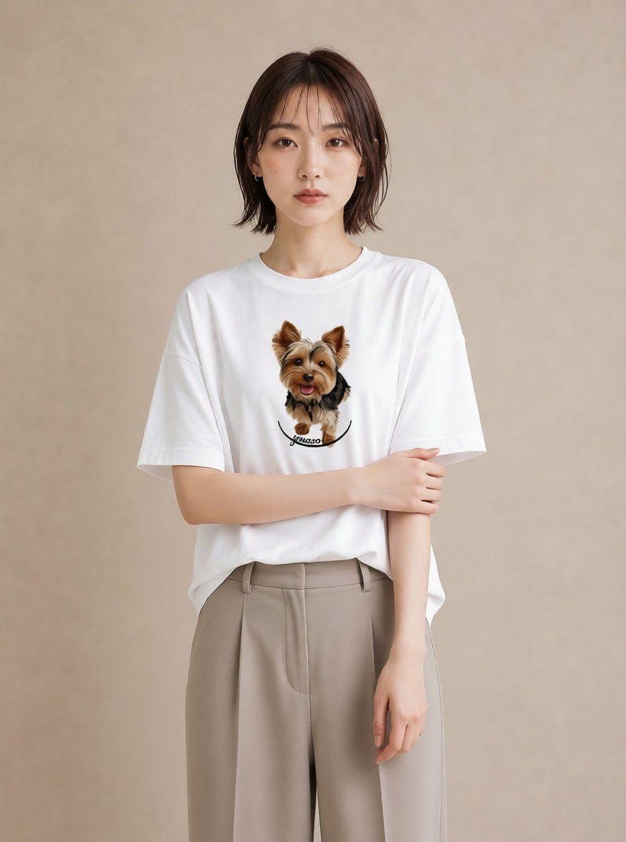 プリントTシャツ レディース ヨークシャーテリア 犬 いぬ イラスト ニュアンス 海 カフェ巡り 白T YMAZO